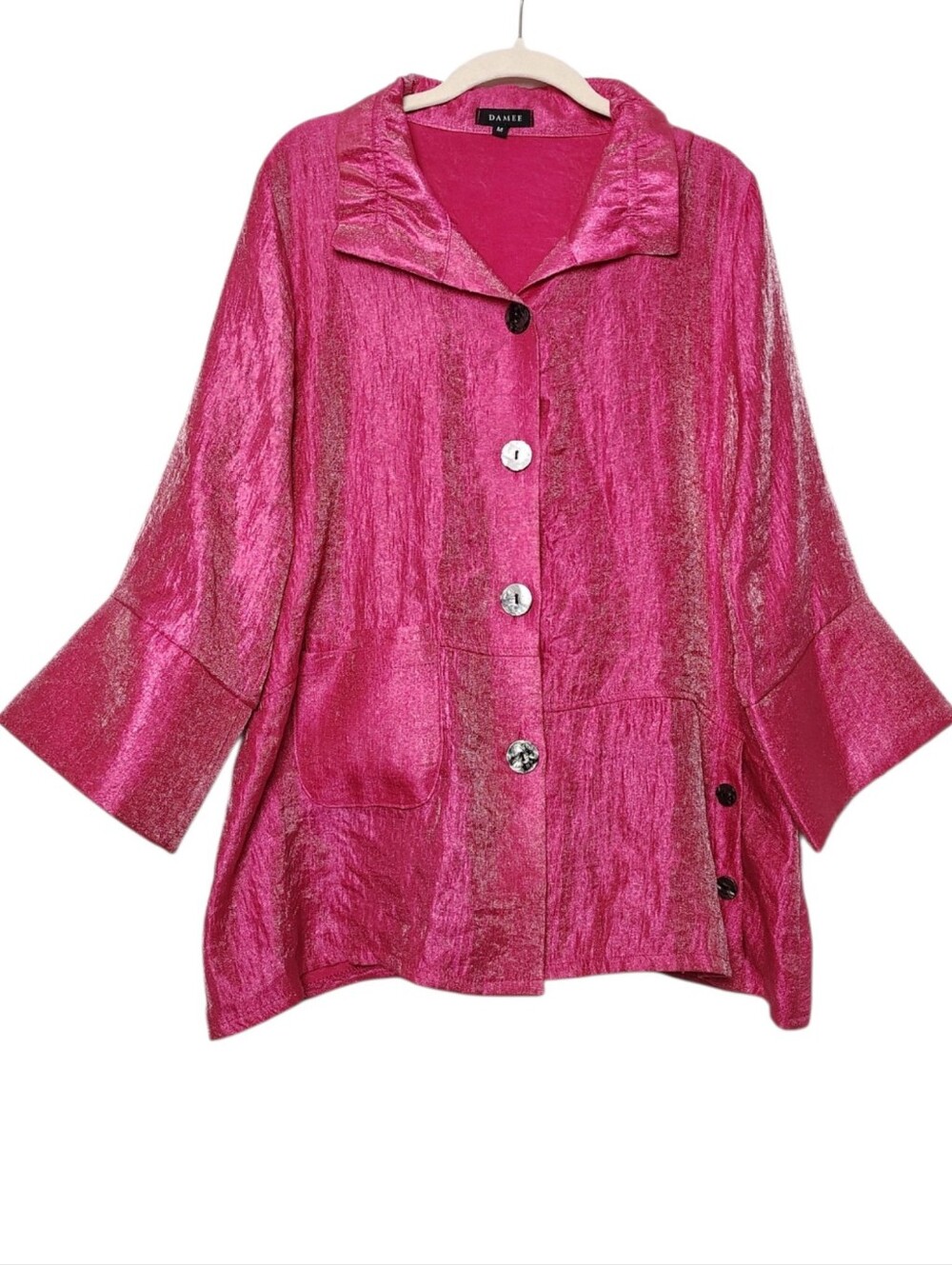 Damee Pink Shimmer Ruffle Neck Button Front Swing Jacket Medium